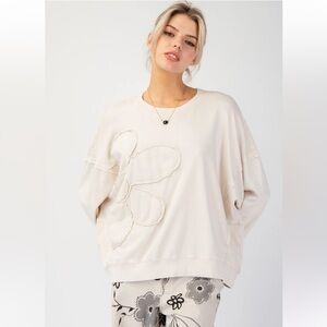 Easel Flower Patch Washed Terry Knit Pullover, ecru cream, size M